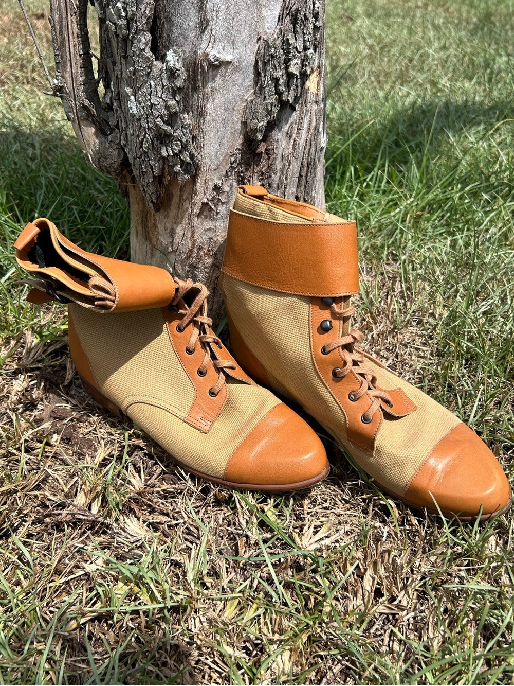 Vintage Charles Jourdan Tan Canvas & Brown Leather Lace-Up Fold-Over Cuff Boots
